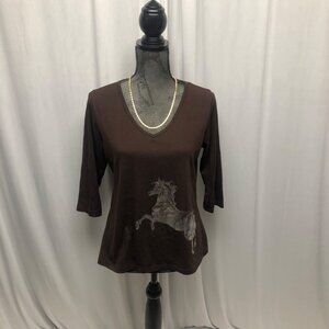 Rods Brown V-Neck Horse Graphic T-Shirt Womens Size Large Equestrian Casual